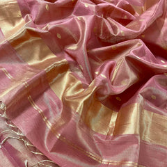 Rose Gold Maheshwari Tissue Silk Saree with Zari Bootis