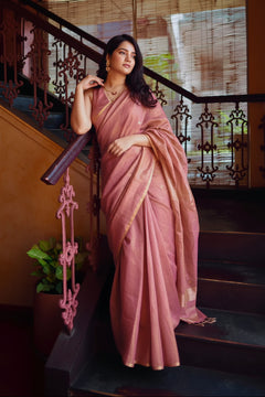 Rose Gold Maheshwari Tissue Silk Saree with Zari Bootis