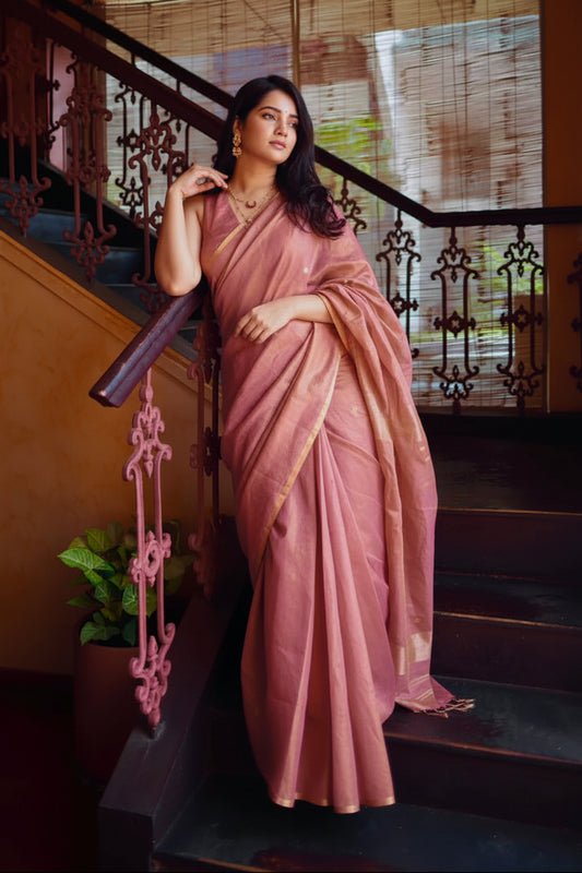 Rose Gold Maheshwari Tissue Silk Saree with Zari Bootis