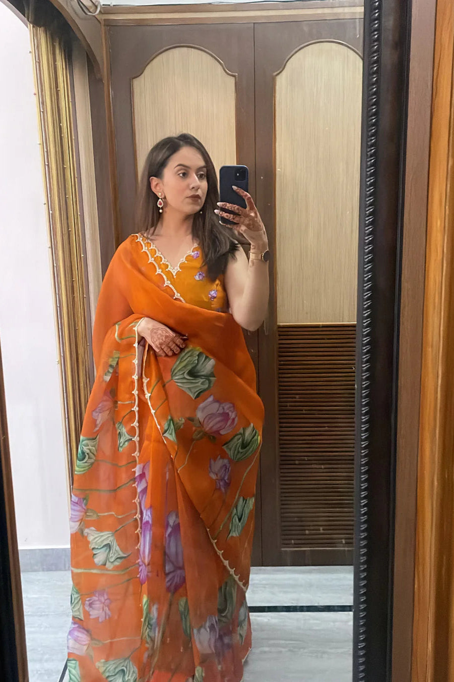 Rust Orange Organza Silk Saree