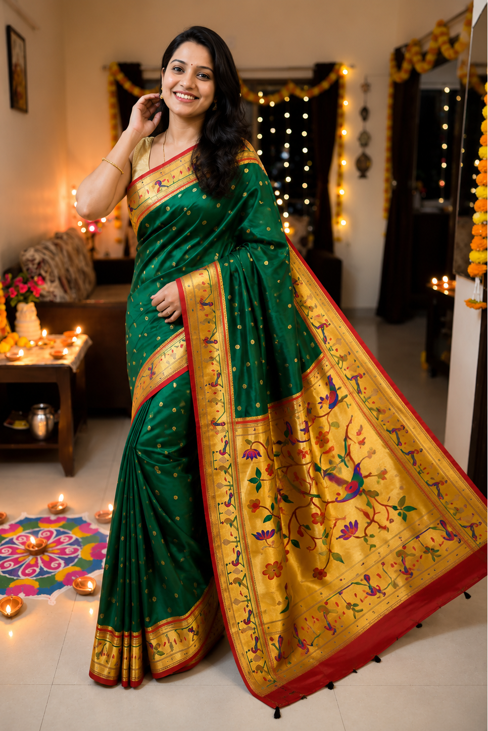 Semi-Silk Paithani Saree with Copper Zari Peacock Pallu