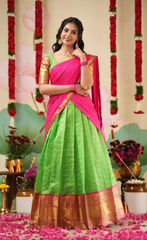 Sayuri Parrot Green & Bright Pink Silk Cotton Half Saree