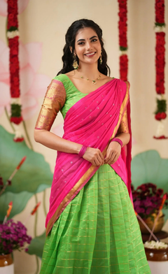 Sayuri Parrot Green & Bright Pink Silk Cotton Half Saree