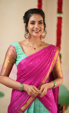 Sayuri Silk Cotton Teal Magenta Half Saree