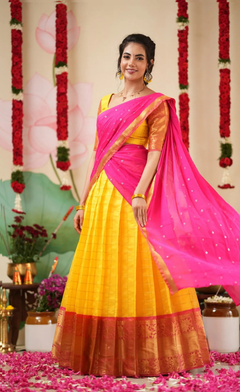 Sayuri Yellow & Bright Pink Silk Cotton Half Saree