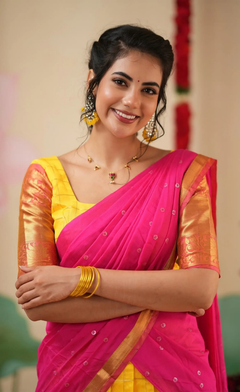 Sayuri Yellow & Bright Pink Silk Cotton Half Saree