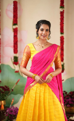 Sayuri Yellow & Bright Pink Silk Cotton Half Saree