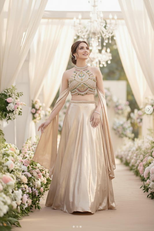 Champagne Beige Embellished Halter Lehenga Set with Cape Dupatta