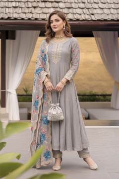 Grey Embroidered Anarkali Suit Set with Floral Dupatta