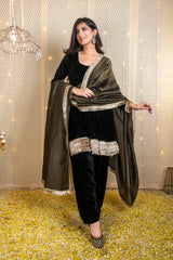 Velvet Black Short Anarkali Suit Set