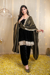 Velvet Black Short Anarkali Suit Set
