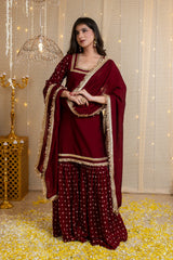 Vichrta Silk Maroon Kurta Sharara Set