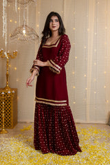 Vichrta Silk Maroon Kurta Sharara Set