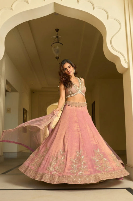 Blush Pink Shimmer Embroidered Lehenga Set with Mirror Work Blouse & Sheer Dupatta
