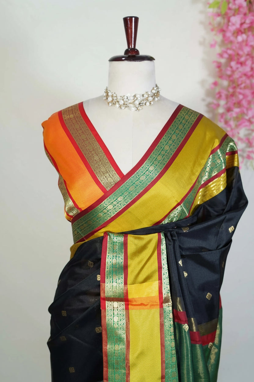 Rajsi Jet Black Gadwal Semi Silk Saree