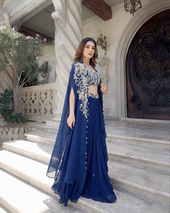 Champagne Beige Embroidered Organza Lehenga Set with Cape Dupatta