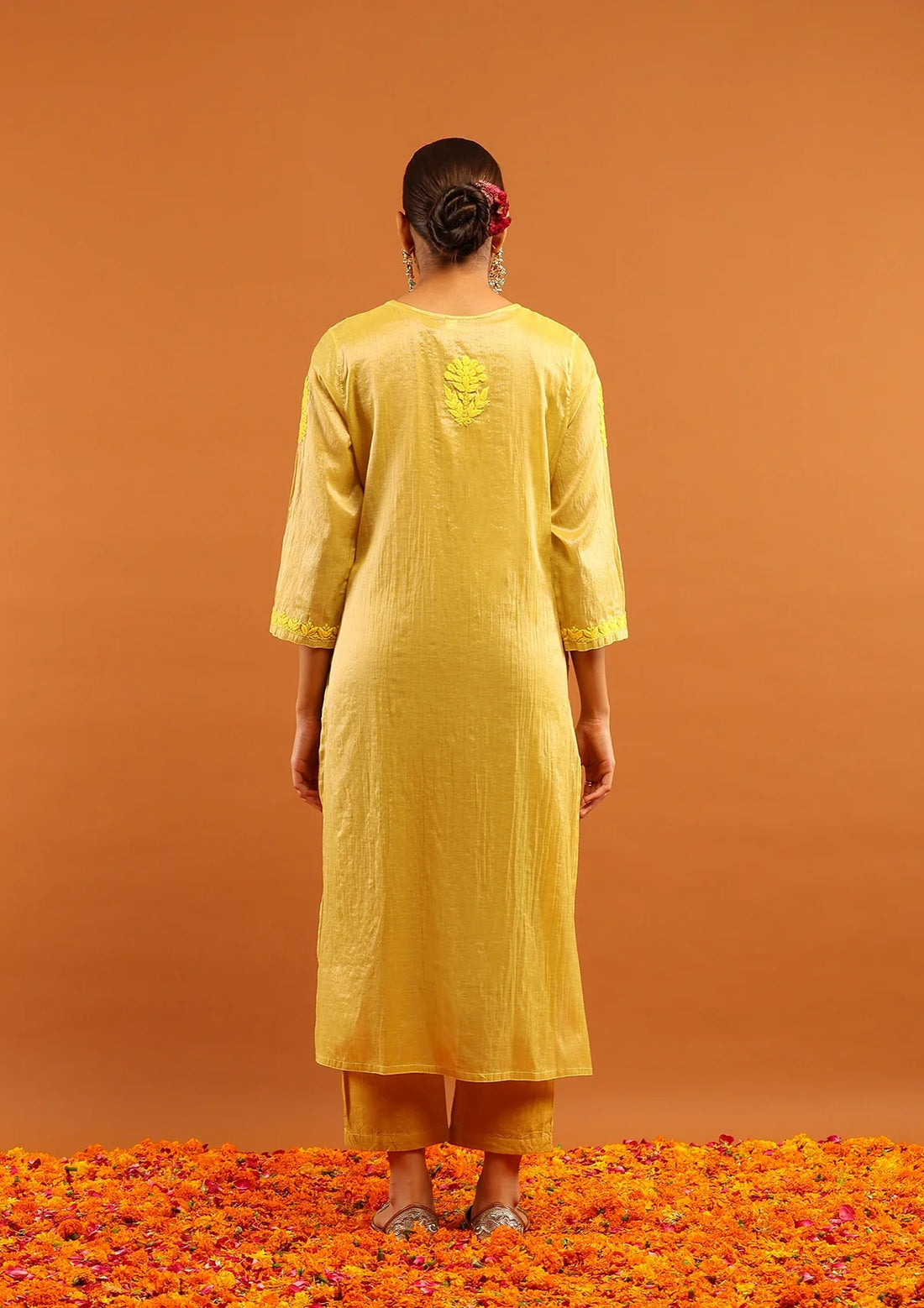 Tissue Silk Yellow Chikankari Long Kurta