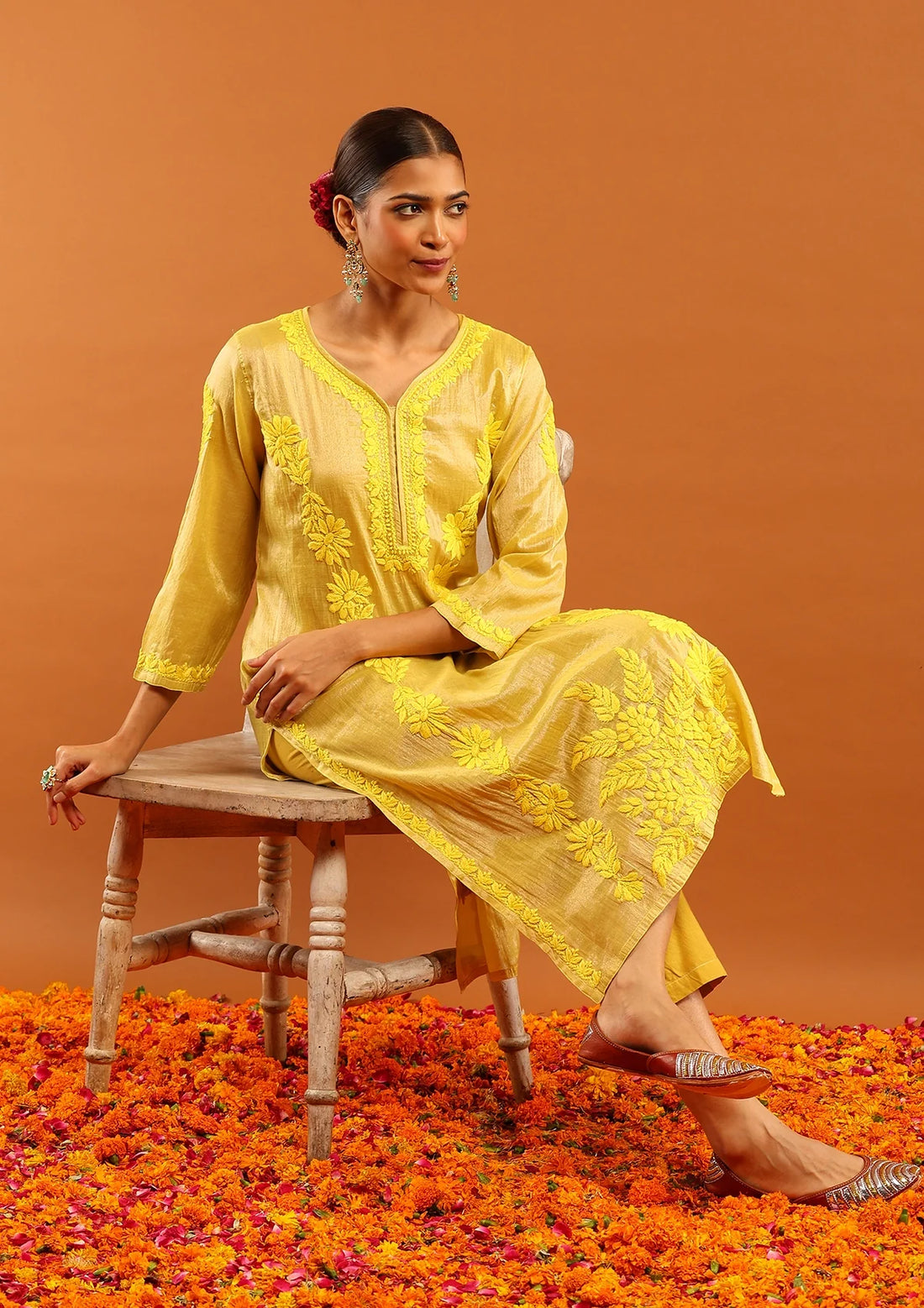 Tissue Silk Yellow Chikankari Long Kurta
