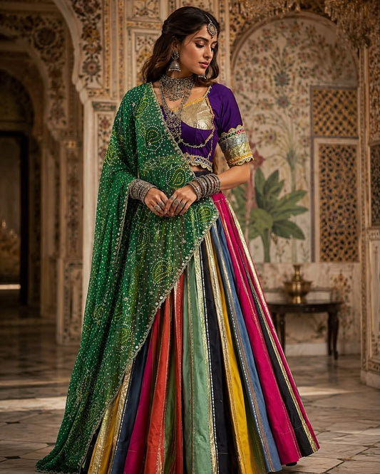 Rangmayuri Multicolor Navratri Lehenga Set with Green Bandhej Dupatta