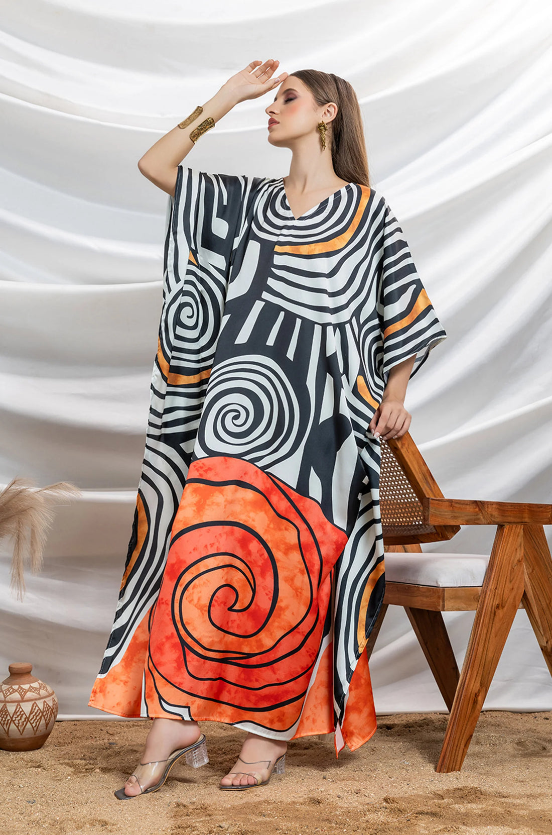 Monochrome Twist Satin Resort Kaftan