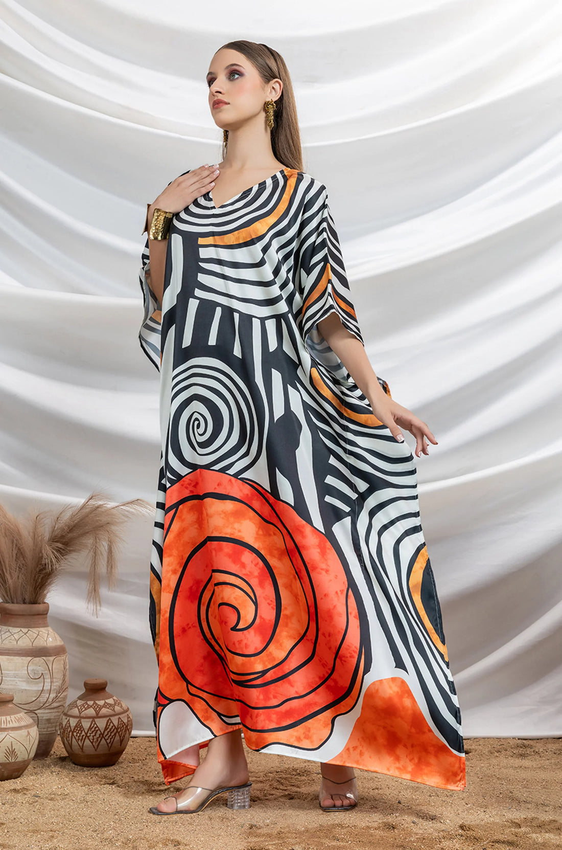 Monochrome Twist Satin Resort Kaftan