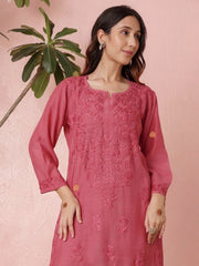 Premium Muslin Coral Pink Chikankari Kurti Palazzo Set
