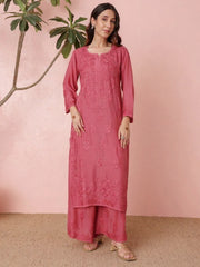 Premium Muslin Coral Pink Chikankari Kurti Palazzo Set