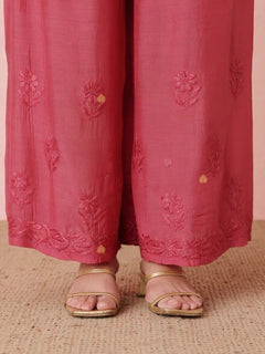 Premium Muslin Coral Pink Chikankari Kurti Palazzo Set