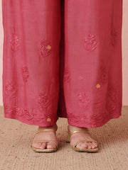 Premium Muslin Coral Pink Chikankari Kurti Palazzo Set
