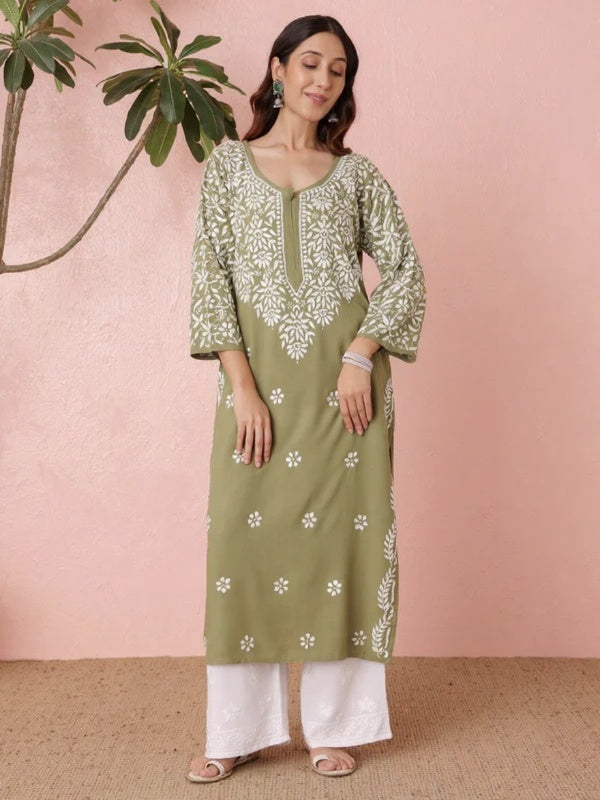 Premium Rayon White Chikankari Straight Kurti