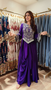 Santoon Silk Purple Embroidered Drape Skirt Set