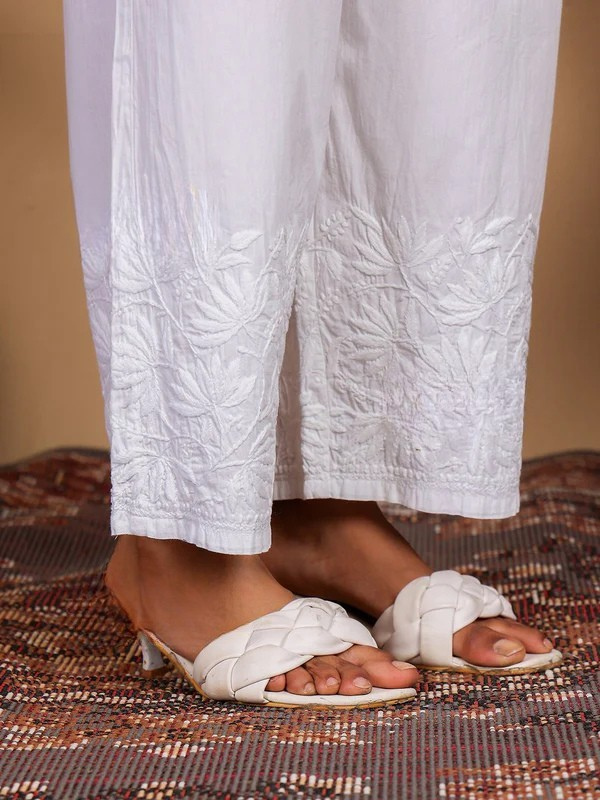 Cotton White Chikankari Straight Palazzo