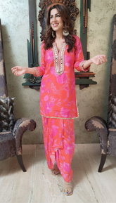 Muslin Pink Floral Punjabi Dhoti Kurta