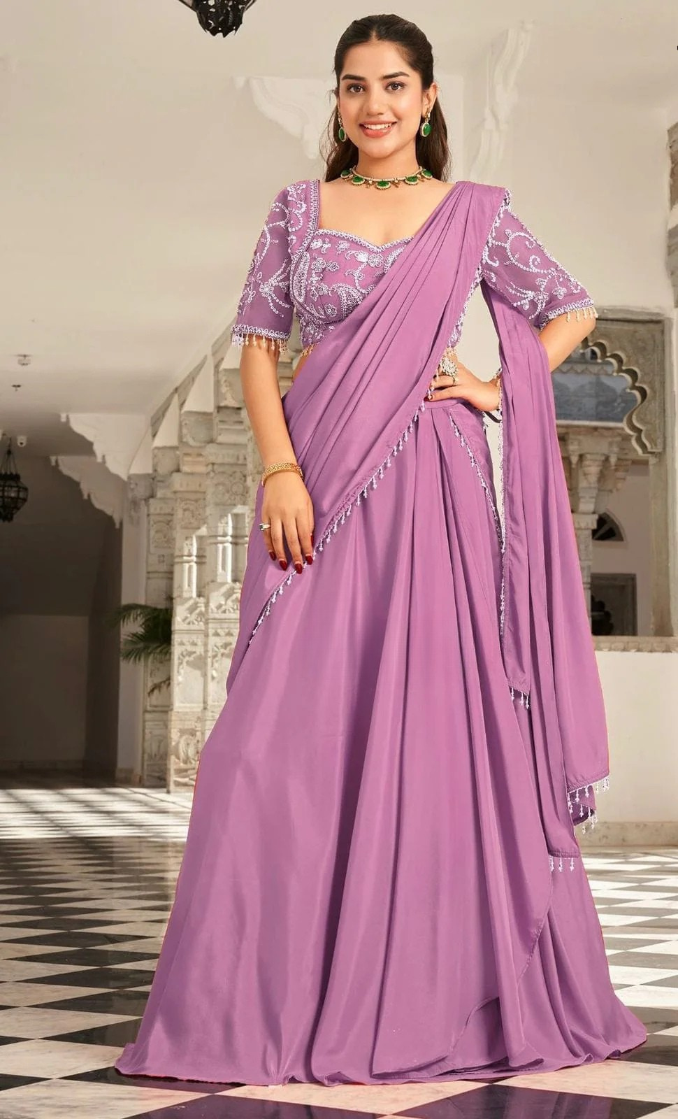 Orange Silk Crepe Pre-Draped Sequin Saree with blouse