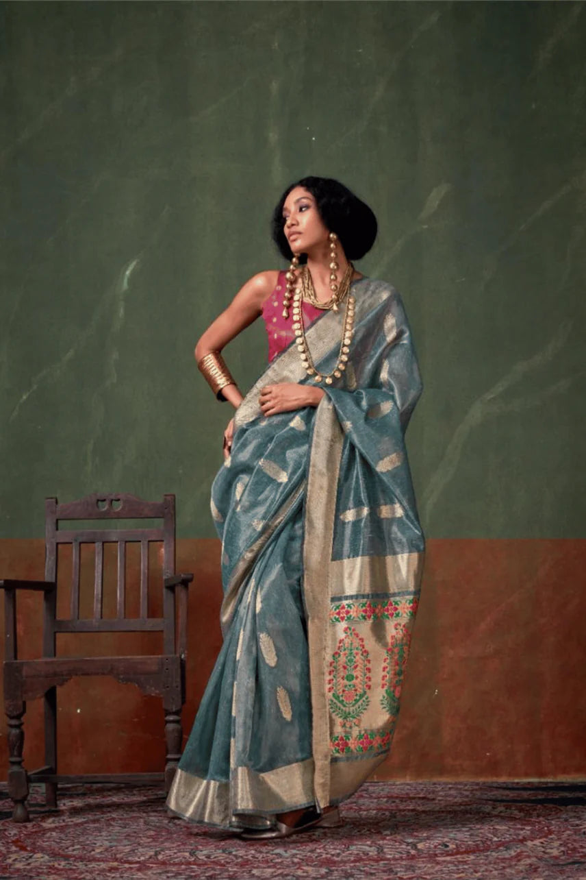 Vastragatha Paithani Tissue Silk Brown Saree