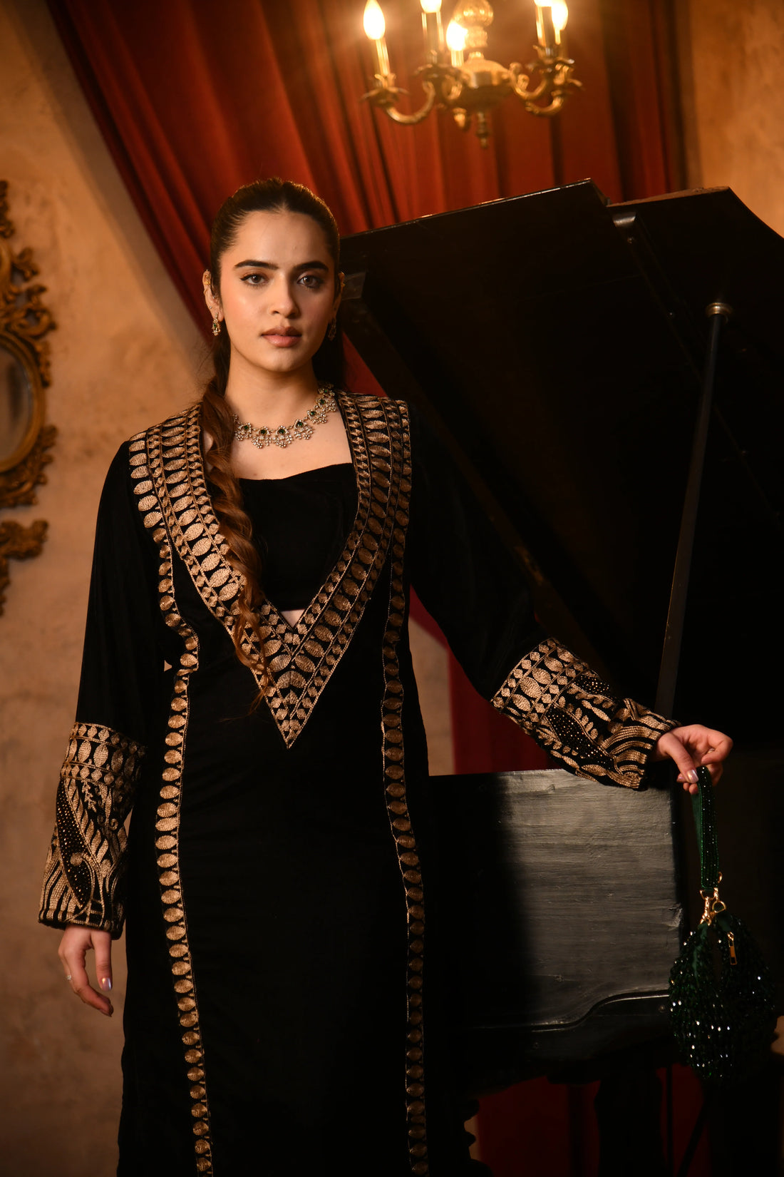 Royal Noir Embroidered Velvet Kaftan