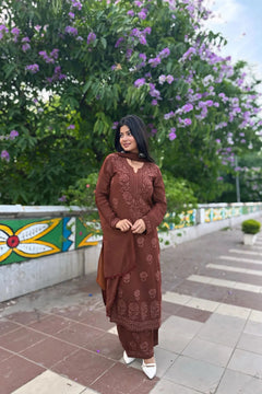 Mocha Blossom Viscose Georgette Straight Chikankari Kurta Set