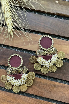 Maroon Antique Coin Chandbali Earrings with Pearl Cluster