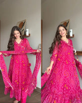 Pink Pure Chiffon Bandhej Teej Anarkali
