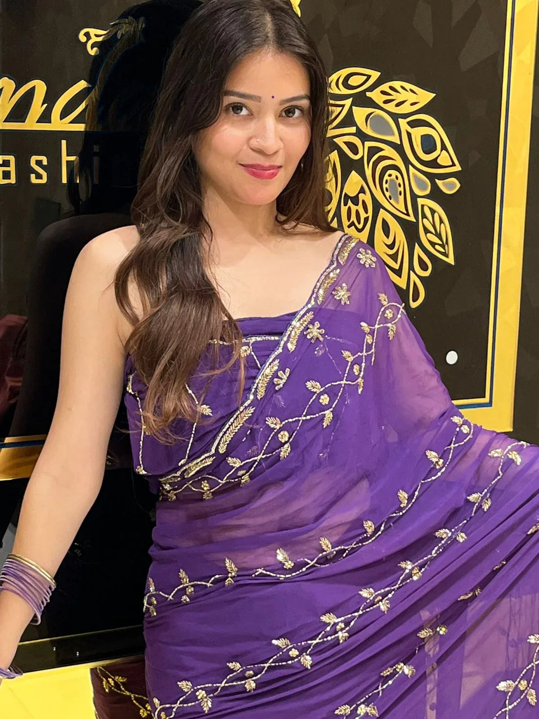 Royal Purple Pure Chiffon Floral Handwork Saree