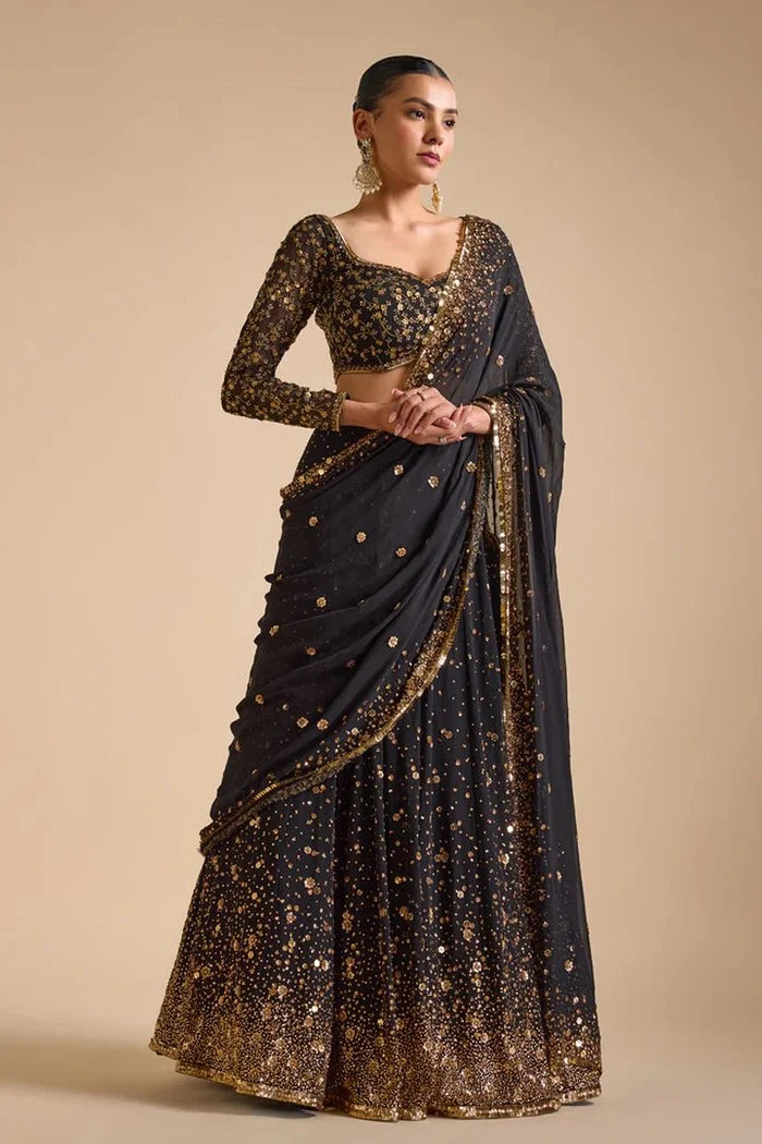 Celestial Charm Black & Gold Embroidered Designer Lehenga Set