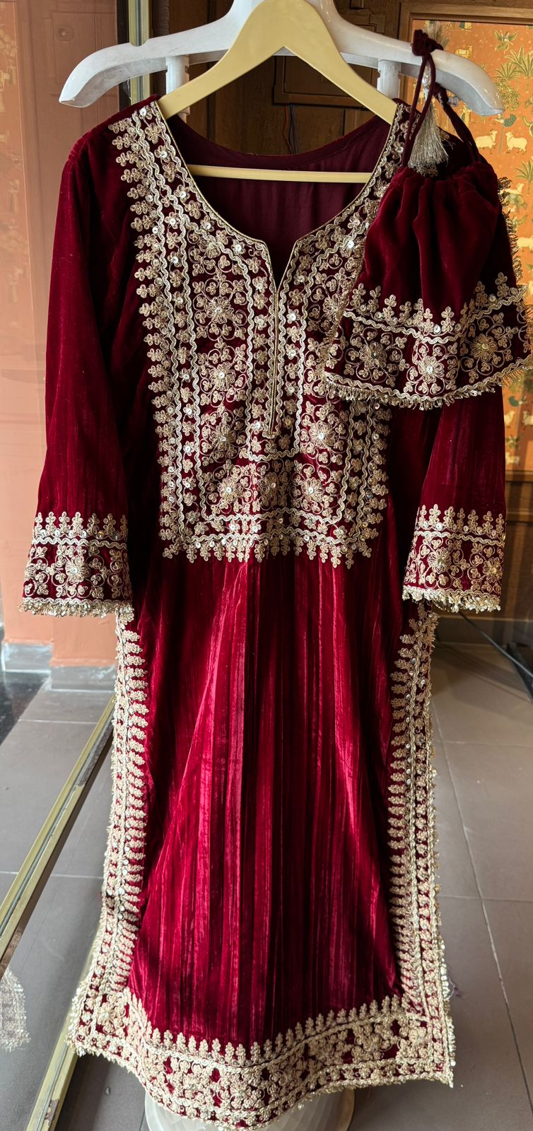 Red Velvet Heavy Embroidered Kurta