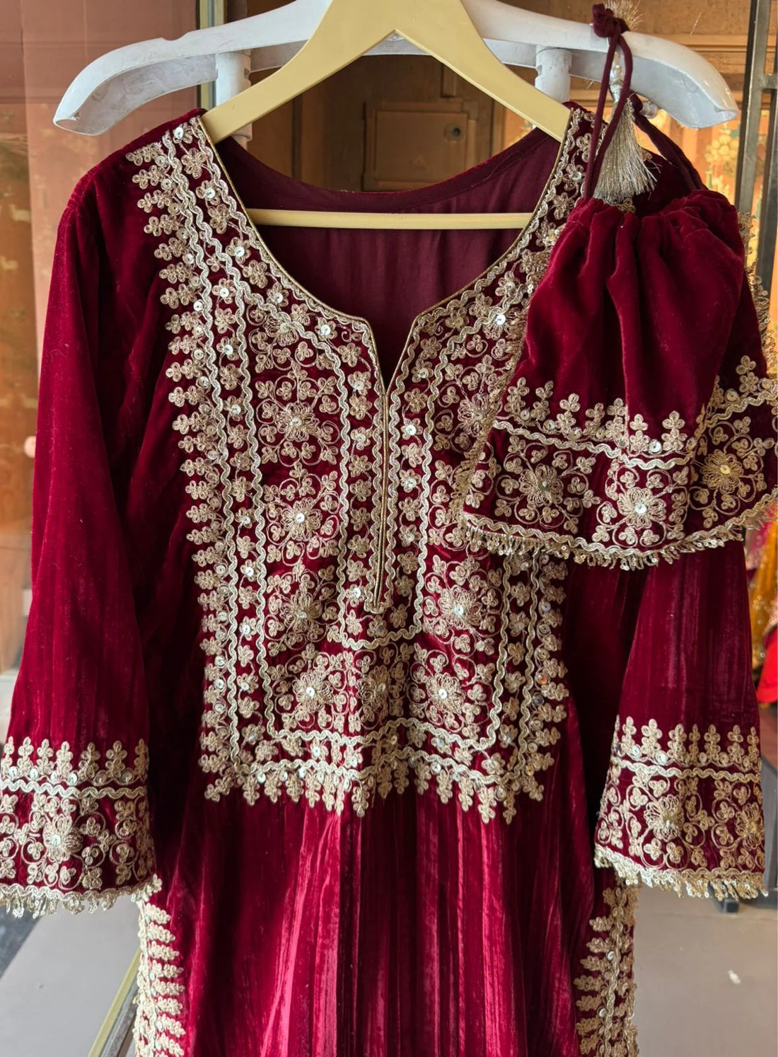 Red Velvet Heavy Embroidered Kurta