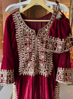 Red Velvet Heavy Embroidered Kurta