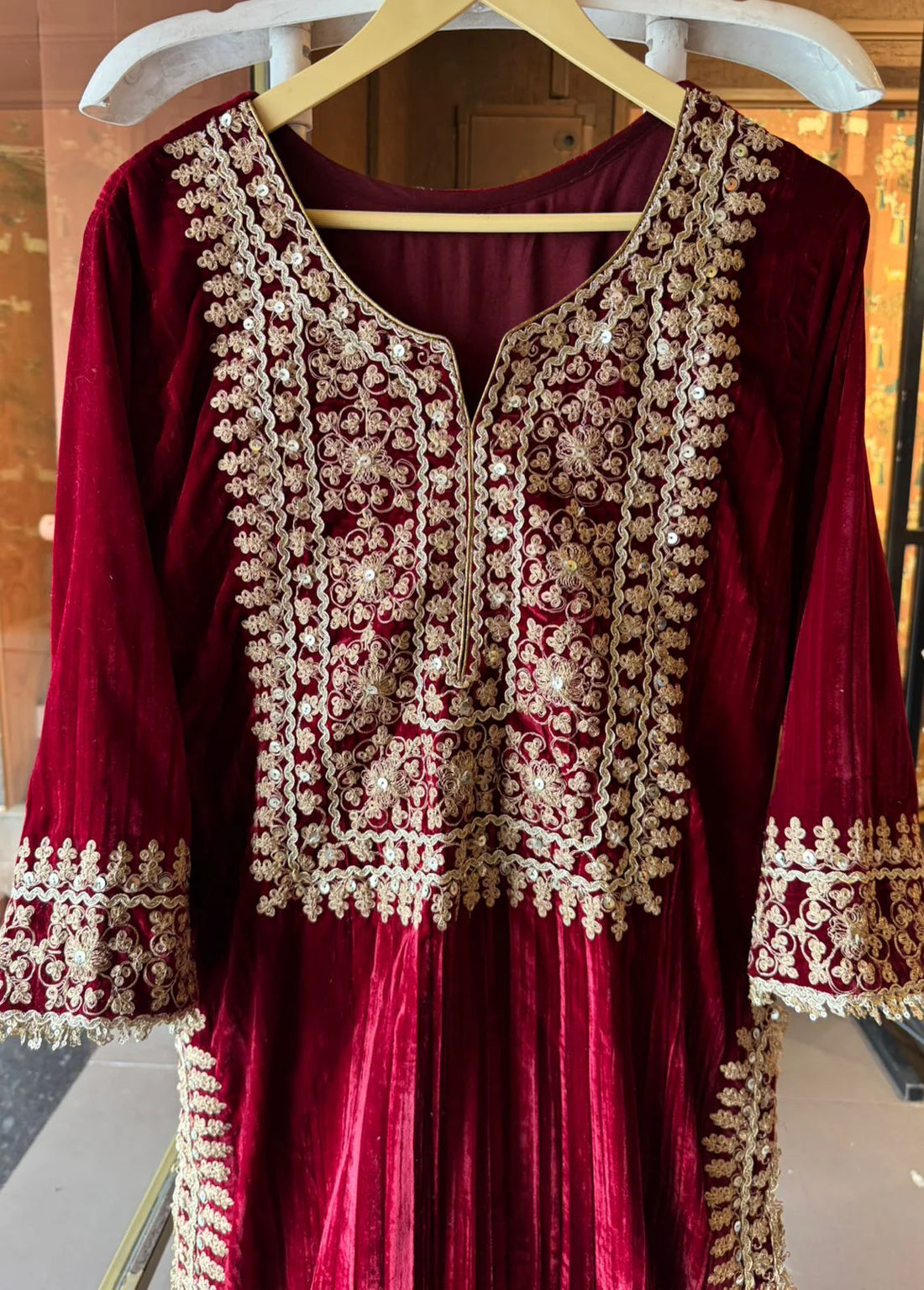 Red Velvet Heavy Embroidered Kurta