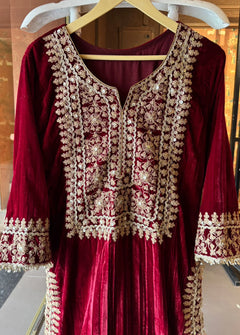 Red Velvet Heavy Embroidered Kurta