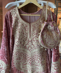 Pink Velvet Heavy Embroidered Kurta