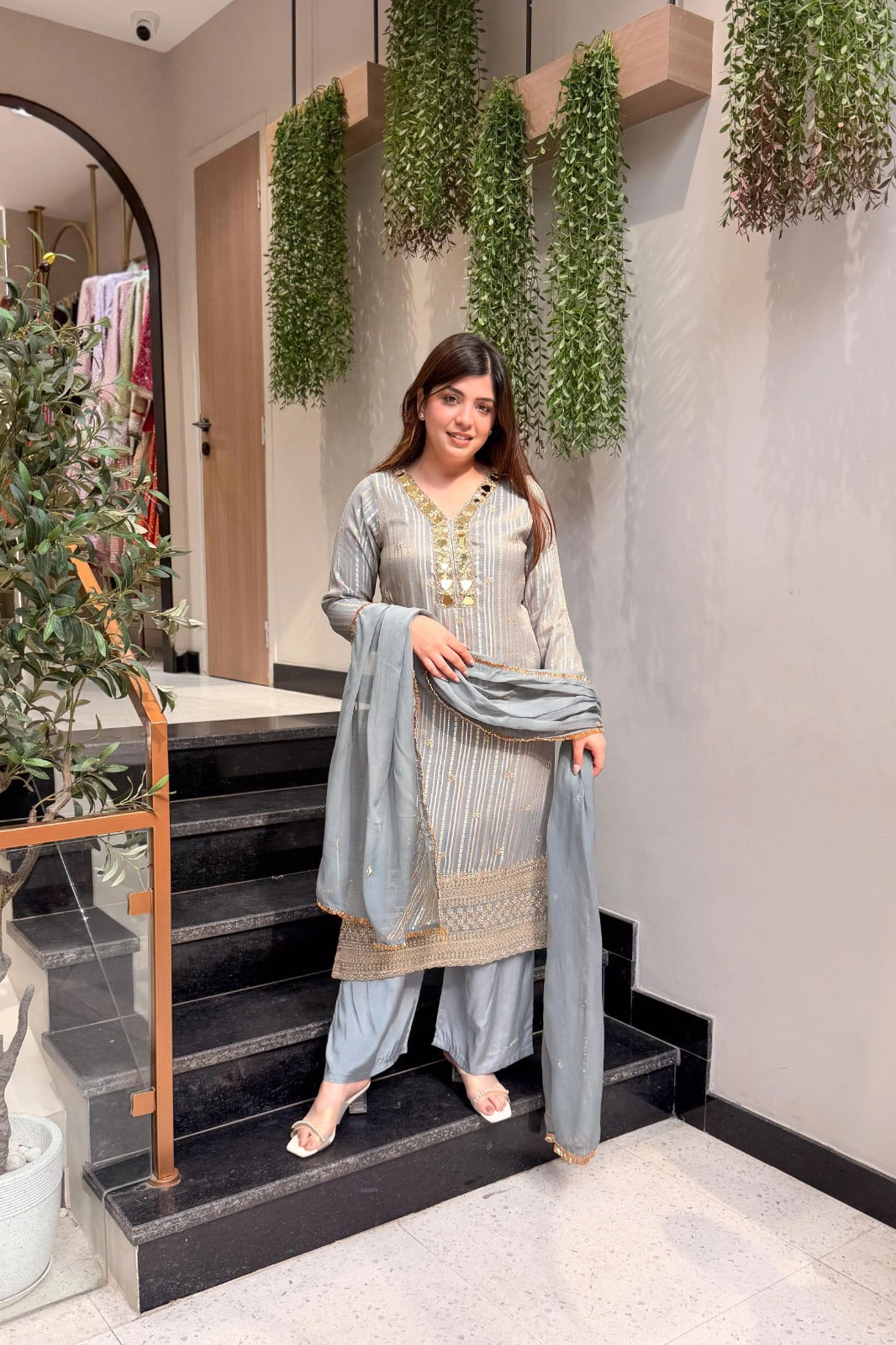 Embroidered Straight Kurta Set with Dupatta Mirror Detailing Suit Set