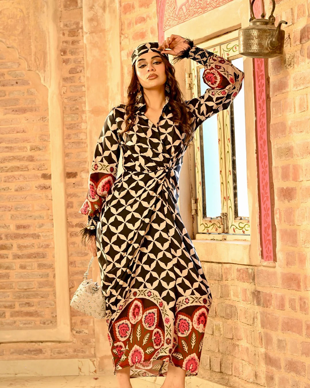 Asymmetrical Maxi Dress Black Accents with Free Bandana