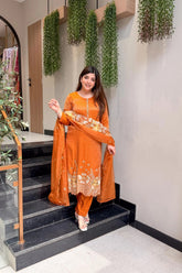 Embroidered Orange Suit Set with Floral Dupatta